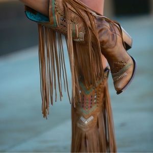 CORRAL Women's Tan Swarovski Crystals Fringe Tall Snip Toe Cowgirl Boot sz 11